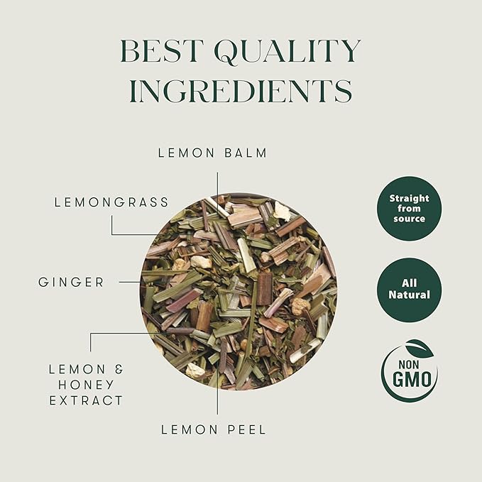 Luxmi Estates Lemon Balm Honey Ginger Organic Lemon Balm Tea (50 Tea Bags) Caffeine Free Tea Bags For Relaxing Calming and Stress Relief With Certified Organic Lemon Balm Tea