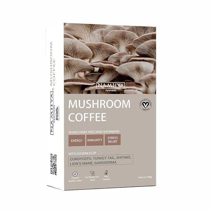 Namhya Ayurveda Mushroom Coffee for Cognitive &amp Immune Support with Lion's Mane Turkey Tail Cordyceps &amp Reishi Mushrooms - Caffeine Free Instant Coffee for Focus Memory &amp Everyday Welln