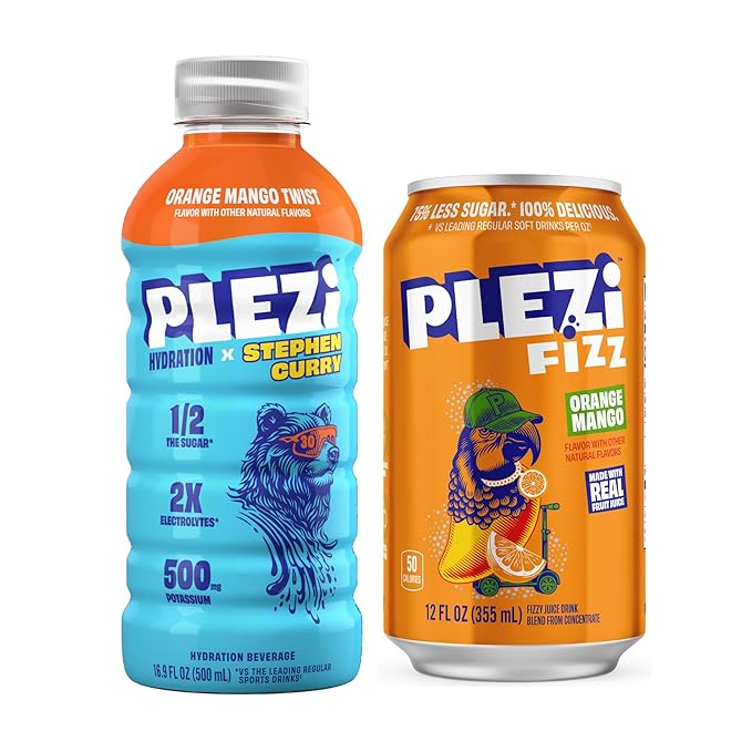 PLEZi Hydration &amp Sparkling Juice Drink Bundle – Orange Mango x Stephen Curry &amp FiZZ Orange Mango – No Added Sugar Low Sugar 2X Electrolytes &amp Fiber – 16.9 Fl Oz + 12 Fl Oz (24 Pack Tota