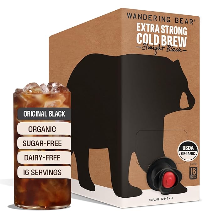 Wandering Bear Straight Black Organic Cold Brew Coffee On Tap Iced Coffee Drink - Extra Strong Smooth No Sugar Added Shelf-Stable Ready to Drink &amp Vegan 100% Organic - 16 Servings of 6fl.oz