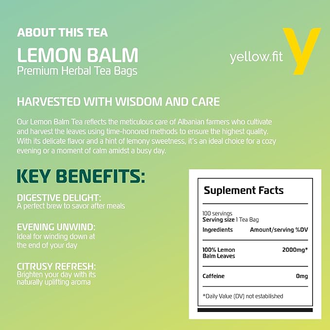 Yellow.fit Lemon Balm Herbal Tea Bags – 1500mg Loose Leaf Tea Bags Caffeine-Free Herbal Tea with Bright Citrus Flavor Plant-Based Tea Bags 100 Count
