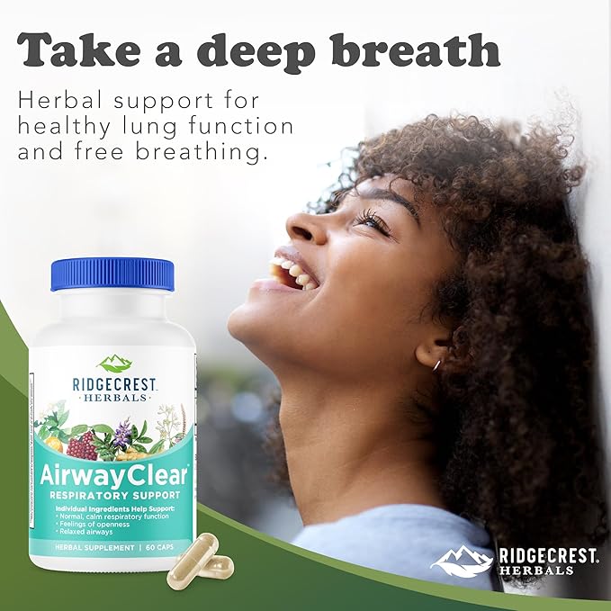 Ridgecrest Herbals AirwayClear Lung Health and Breathing Support Supplements with Schisandra Fruit Cassia Bark and Ginger Root Sinus Mucus Support Gluten Free (60 Vegan Caps 30 Serv)