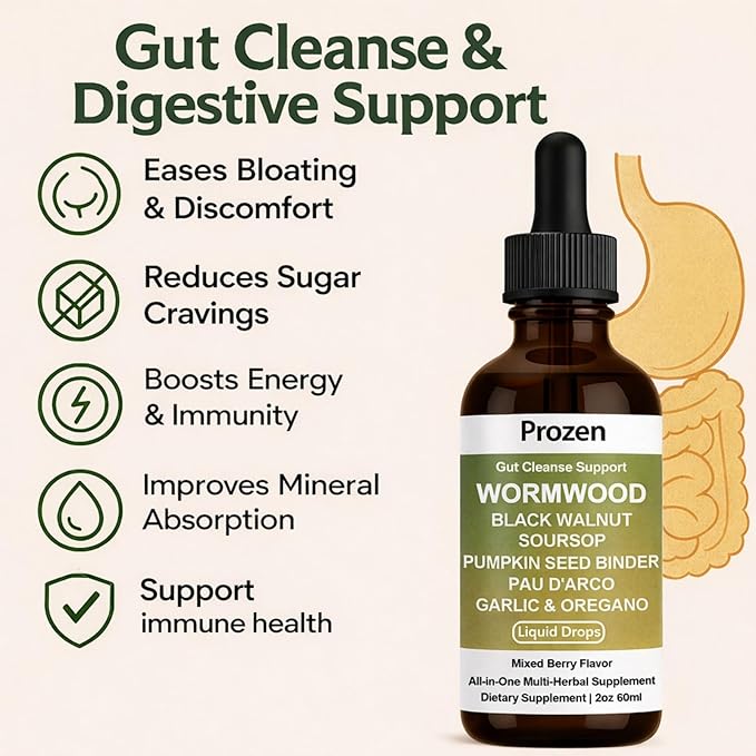 Prozen Wormwood Gut Cleanse Liquid Drops Nuvian Wormwood Black Walnut Clove Gut Cleanser for Adults with Soursop Pumpkin Seed Pau D'Arco Garlic Oregano Boosts Energy Health &amp Absorption2Oz