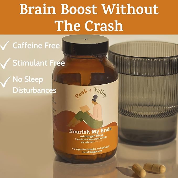 Peak + Valley Nootropic Brain Support Supplement for Memory &amp Focus with Lion's Mane Mushroom &amp Ashwagandha - 60 Ct Adaptogen Capsules - Adults/Seniors - Cognitive Brain Fog Energy Formula