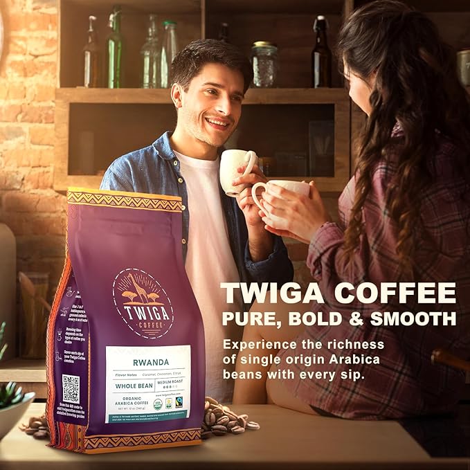 Twiga Coffee Rwandan Whole Bean – Organic Medium Roast Arabica with Caramel Cinnamon &amp Citrus Flavor Notes – Single Origin Fresh Roasted Rwandan Coffee for a Smooth Bold Cup – 12 oz