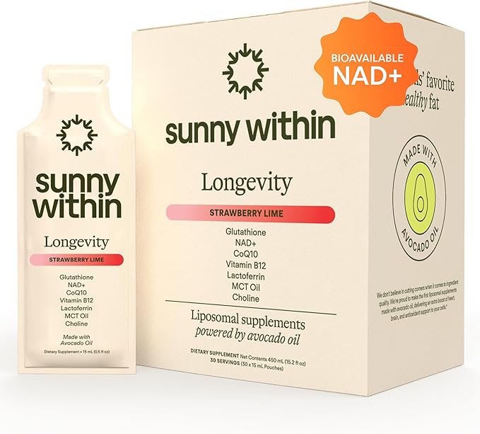Longevity – Liposomal NAD+ Glutathione Supplement w/Liquid NAD+ CoQ10 B12 MCT &amp Avocado Oil – Cellular Health Energy Brain Gut &amp Heart Support* – Strawberry Lime – 30 Pouches