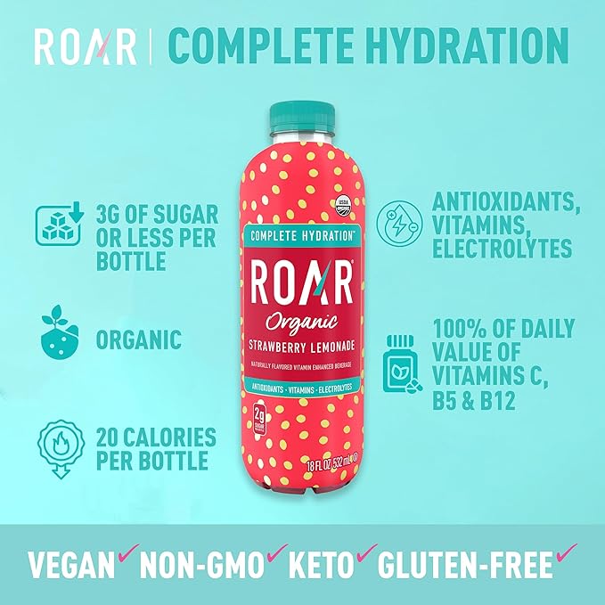 ROAR Complete Hydration Organic - Electrolyte Drinks Loaded with Vitamins C B5 B12 - Non-GMO Gluten-Free - Strawberry Lemonade - 12 pc