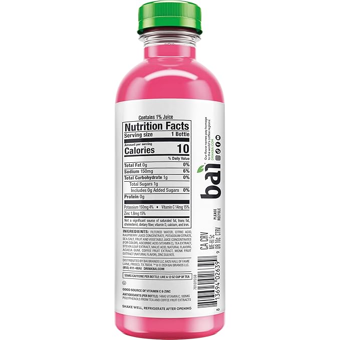 Bai Antioxidant Infused Water Beverage Raspberry Lemon Lime with Vitamin C and No Artificial Sweeteners 18 Fluid Ounce Bottle 12 Pack