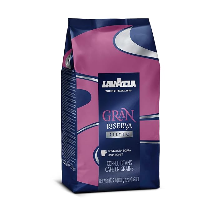 Lavazza Gran Riserva Filtro Whole Bean Coffee Dark Roast 2.2LB Bag 100% Natural Arabica Authentic Italian Cocoa and Caramel aromatic notes (Pack of 6)