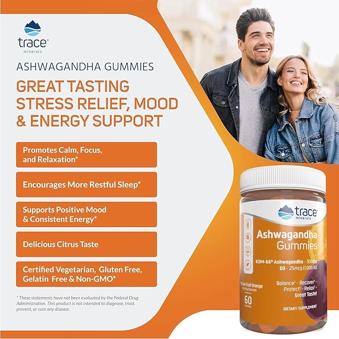 Trace Minerals Ashwagandha - Ashwagandha Gummies for Supporting A Healthy Mindset - Calming Supplement - Better Sleep - Immune System &amp Energy Support - Passion Fruit Orange - 60 Count (30 Serving