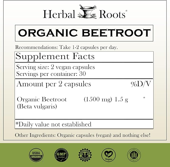 Herbal Roots Organic Beet Root Powder Capsules - 1500mg per Serving - Certified USDA Organic - Non-GMO - 60 Count Vegan Capsules