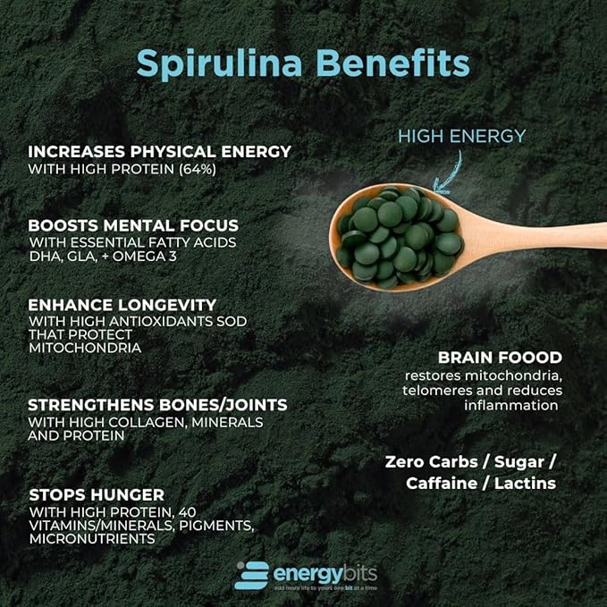 ENERGYBITS - Organic Spirulina Tablets - Plant-Based Algae Superfood - for Focus Fitness Energy - Plant Protein - Gluten Free - Collagen Vitamin B12 Omega 3 - Keto &amp Vegan - 1000 Algae Tablets