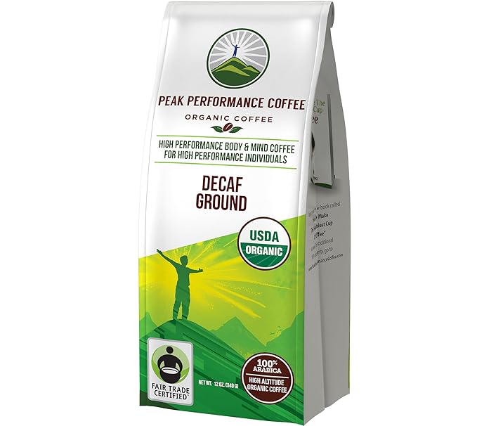 Peak Performance High Altitude Organic Decaf Coffee - Fair Trade Low Acid Non GMO and Beans Full of Antioxidants - Medium Roast Smooth Tasting USDA Certified Organic Decaffeinated Ground 12 oz