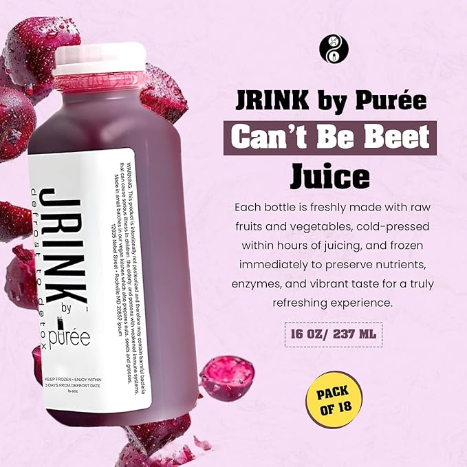 JRINK by Purée Organic Can’t Be Beet Juice Raw Beet Blend Cold Pressed Vegetable and Fruit Drink Healthy Detox Cleanse Organic Cold Press Juice Gluten-Free Energy Boost 16oz Bottles Pack of 18