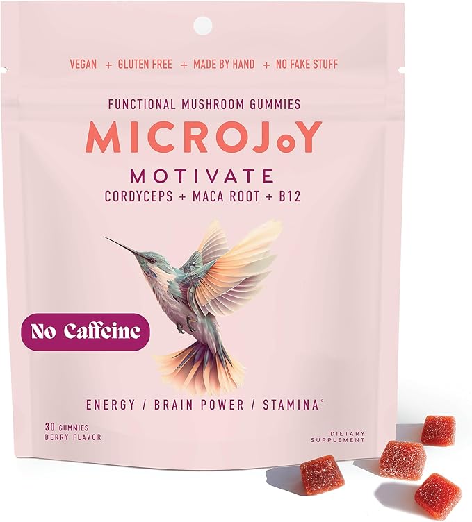 Microjoy Motivate Gummies – Energy Stamina &amp Brain Support with Cordyceps Mushrooms Maca &amp Vitamin B12 – Vegan Gluten-Free Non-GMO – Berry Flavor – 30 Servings