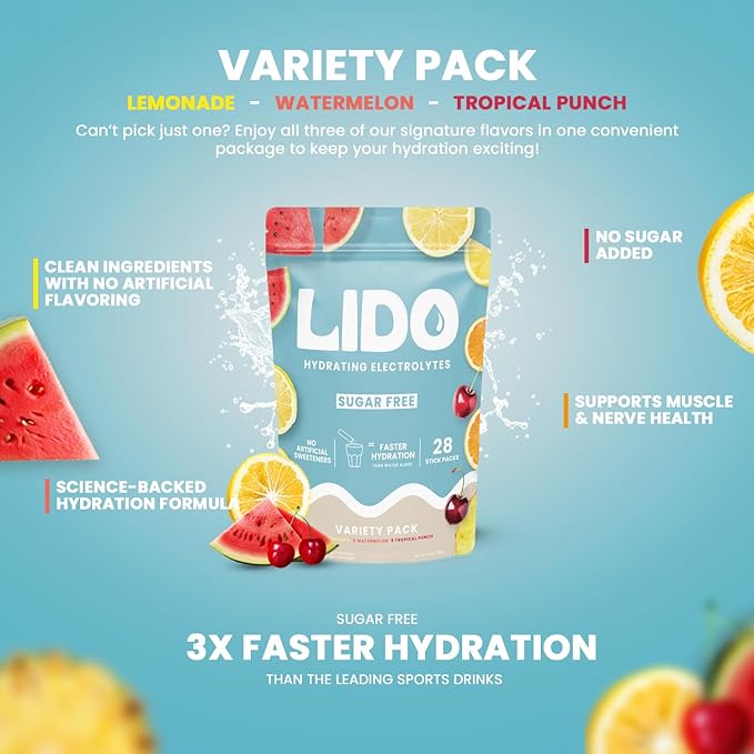 LIDO Variety Pack Electrolyte Powder Packets — Clean Zero-Sugar Hydration Drink Mix with Balanced Sodium for Fast Replenishment — Vegan Paleo &amp Fasting Friendly — 28 Sticks
