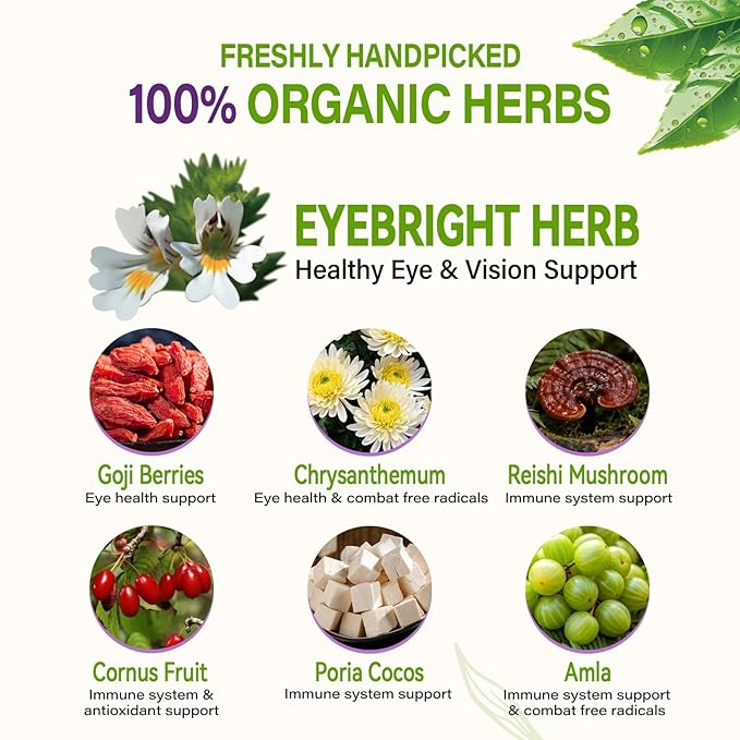 HerbOLITHIC Eyebright Herb Tea Bag for Eye Health 7-in-1 Herbal Tea with Goji Berries Amla Extract for Immune Support. Ultra-concentrated Caffeine Free 30 Individually Wrapped Bags - 3g/bag.