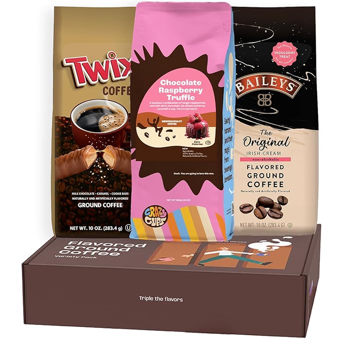 Perfect Samplers Flavored Ground Coffee Gift Box Variety Pack Twix Baileys Original Chocolate Raspberry Coffee Medium Roast Ground Coffee Sampler 3 Pack