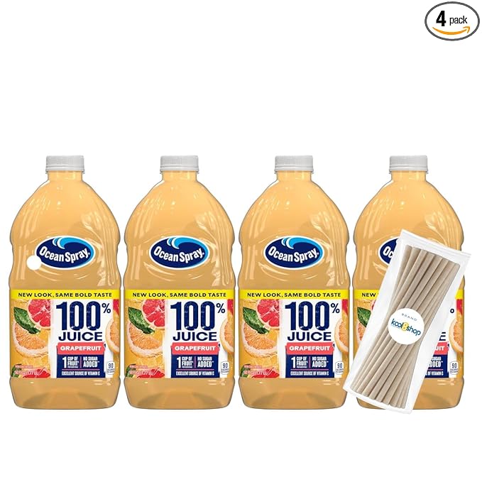 Ocean Spray 100% Grapefruit Fruit Juice No Added Sugar 60 fl oz 4 Pack + 15 Sugarcane Disposable Straws by KOOL8SHOP Infinite Deals