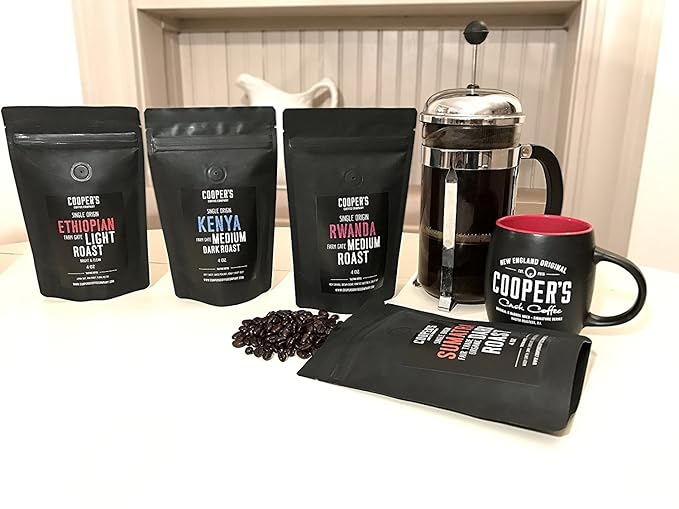 Gourmet Coffee Sampler Gift Box Set - Ground Coffee - 4 bags - 1lb Total and Organic Ethiopian Decaf Swiss Water Processed SWP Ground Coffee (12oz Ground)