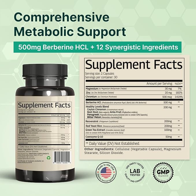 VINATURA Berberine HCL &amp Ceylon Cinnamon - Red Yeast Rice &amp CoQ10 1300mg per Serving *USA Made &amp Tested* Healthy Levels with Green Tea Extract Resveratrol Magnesium Glycinate Chromium