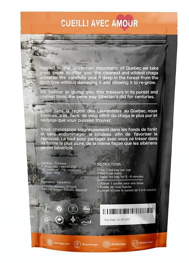 Premium Chaga Mushroom - 30 Tea Bags of 100% Wild Harvested Canadian Chaga Tea