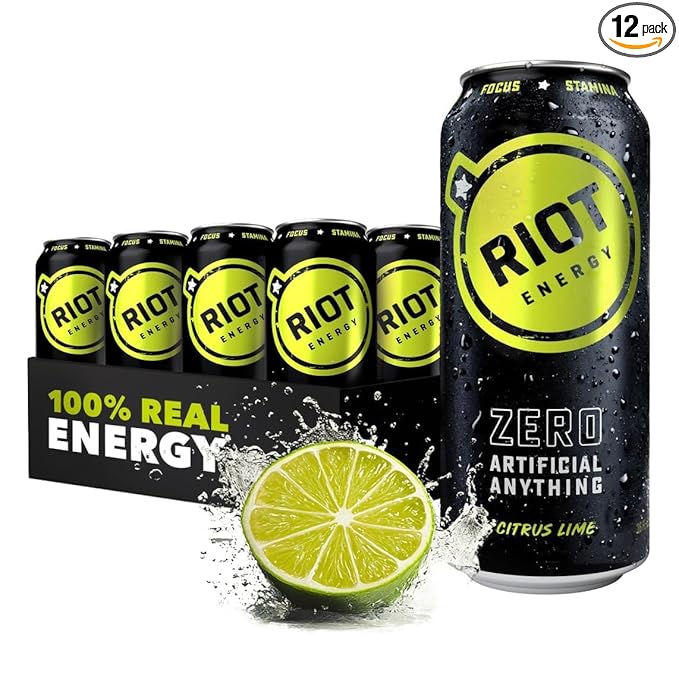 RIOT Clean Energy Drink – No Sucralose No Sugar Added No Artificial Flavors | 160mg Natural Caffeine + 100mg L-Theanine | Clean Focus Stamina &amp Smooth Energy | 16 Fl Oz (Pack of 12) (Citrus Lim