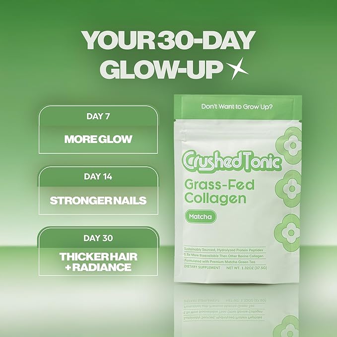 Crushed Tonic Marine Collagen Powder Korean Beauty Drink with Hydrolyzed Collagen Peptides for Skin Hair &amp Nails | Gluten-Free Halal &amp Kosher (Matcha 30 Servings (150 g) Pouch)