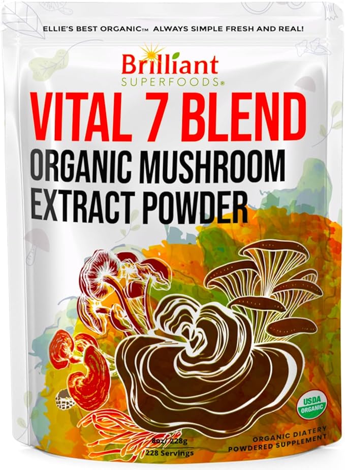 Ellie's Best 7 Mushroom Powder Extract Organic Blend - Reishi Lion's Mane Chaga Turkey Tail Cordyceps Maitake &amp Shiitake - Double Extracted - Pure No Fillers - 8oz / 228 1g Servings……