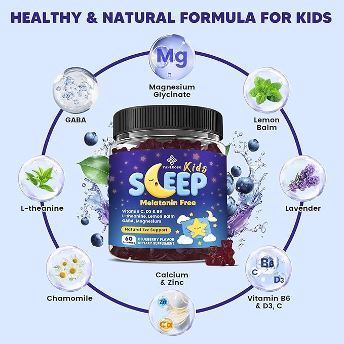 Kids Sleep Gummies Melatonin Free - with Magnesium Glycinate Lemon Balm L-Theanine &amp GABA - Calming Relaxation Support Natural Sleep Quiet Mind - Berry Flavor Non-Habit Forming