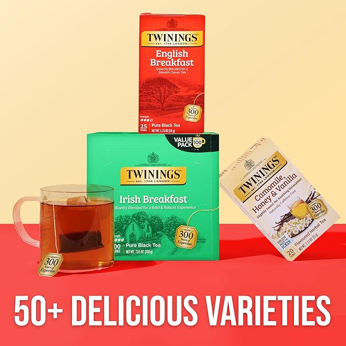 Twinings English Breakfast Black Tea Individually Wrapped Bags 25 Count (Pack of 6) Flavourful Robust Black Tea Caffeinated Enjoy Hot or Iced 150 Teabags