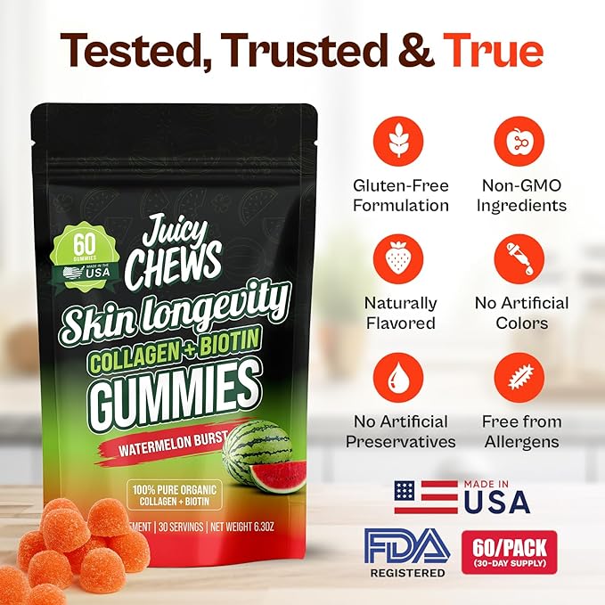 Biotin and Collagen Gummies | Low Sugar Non-GMO Collagen Gummies for Men and Women| All Natural Flavors | 60 Gummies | 30 Servings | Watermelon Flavor