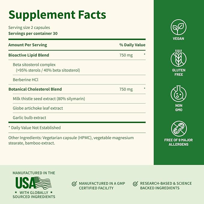 Snap Supplements Cholesterol Health - Artichoke Milk Thistle Garlic and Berberine Supplement with Beta Sitosterol (95% Plant Sterols) for Digestive and Metabolic Support 60 Capsules (30 Servings)