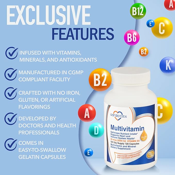 Multivitamin - Heart and Immunity Supplements for Men &amp Women Multivitamin for Men &amp Women with Minerals B-Vitamin Complex Vitamins A C E K and 2000 IU Vitamin D3 120-Count Bottle