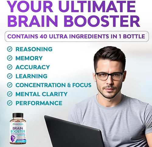 40-in-1 Brain Booster Supplements for Memory Focus Clarity Energy Performance | Natural Nootropic Brain Support Supplement with DMAE Bacopa Monnieri &amp More | For Men &amp Women | 120 V Capsu