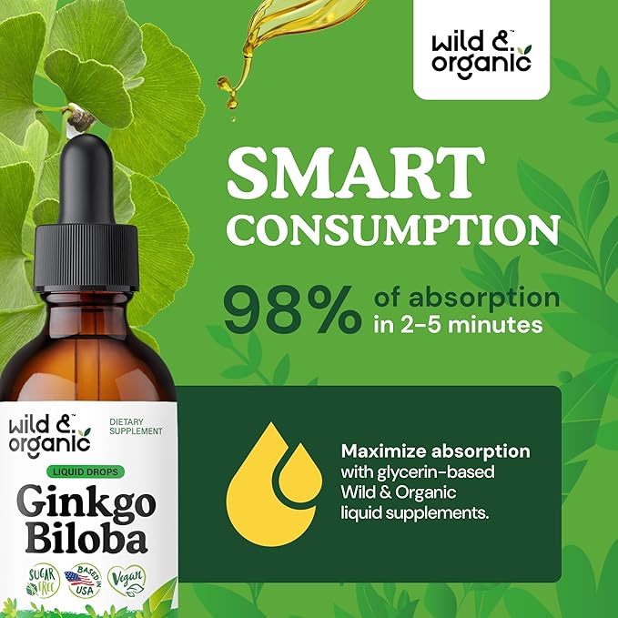 Wild &amp Organic Ginkgo Biloba Tincture - Brain &amp Focus Support with Ginkgo Leaf Supplement - Vegan Sugar &amp Alcohol-Free Herbal Extract Tincture - 2 fl oz