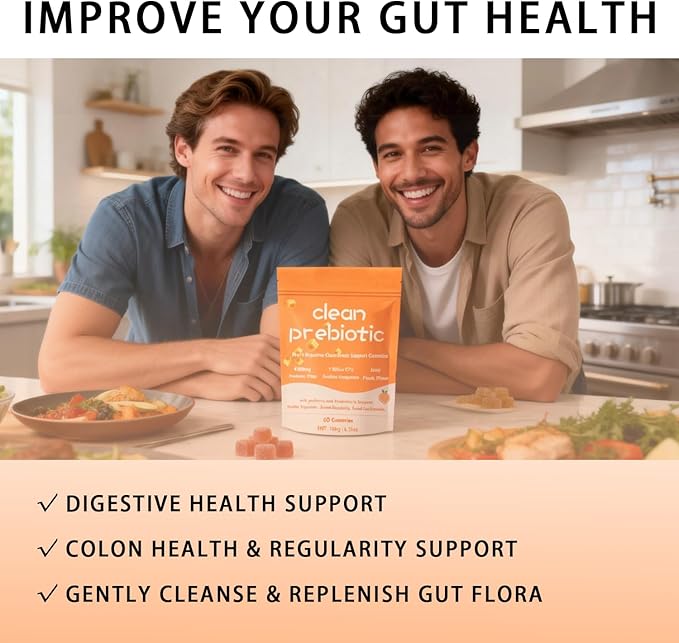 Clean Prebiotic Fiber Gummies for Men Peach FlavorPre+Probiotic Fiber GummiesMen's Digestive Cleaning Support GummyMen Prebiotic Supplement for Digestive Gut Health60 Gummy