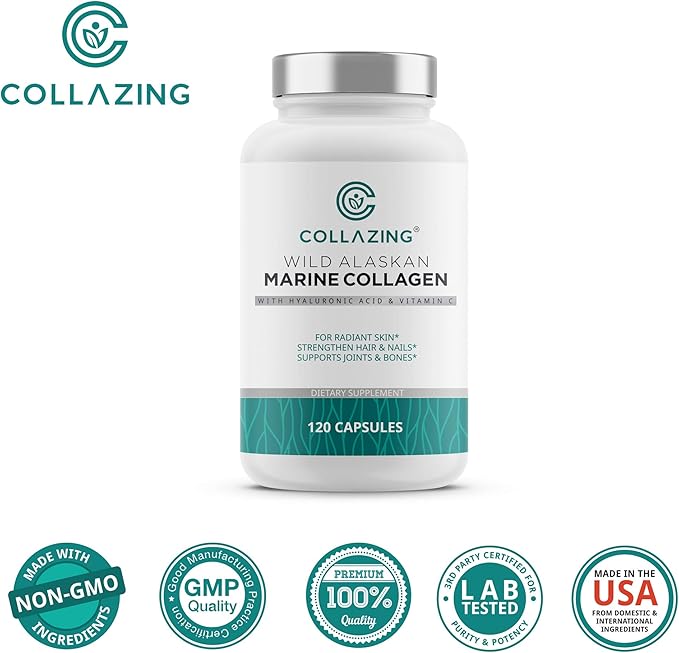 Alaskan Wild-Caught Marine Collagen Peptides with Hyaluronic Acid &amp Vitamin C - Supports Skin Hair Nails Joints &amp Bones - Type 1 &amp 3 Collagen for Women &amp Men - 120 Powder Capsules