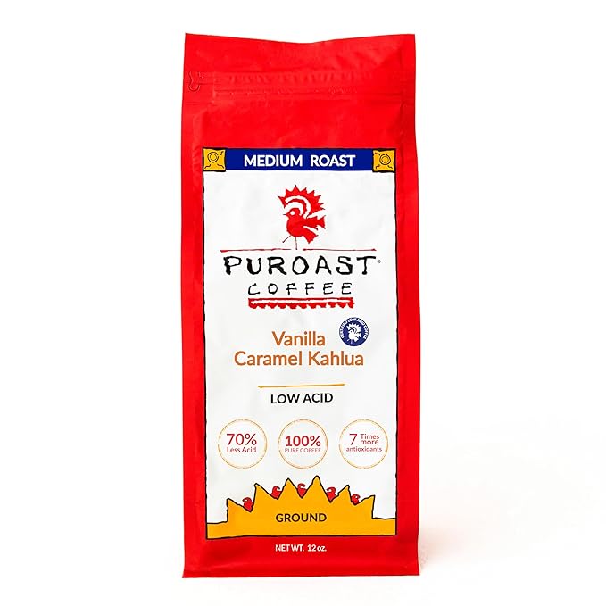 Puroast Flavored Low Acid Coffee – Bourbon Pecan Torte Ground Medium Roast &amp Vanilla Caramel Kahlua Ground Medium Roast – Flavored Coffee – High Antioxidants – Cold Brew – 2 Pack 12 oz