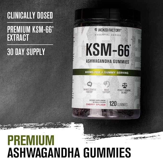 Jacked Factory Ashwagandha Gummies - KSM 66 Ashwagandha Gummies (600mg Per Serving) - Enhance Cognitive Function Boost Mood and Promote Hormonal Balance - 120 Gummies Cherry Splash