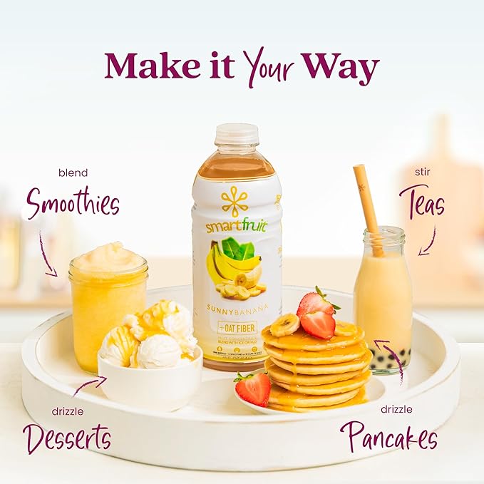 Smartfruit Sunny Banana + Oat Fiber – 100% Real Fruit Purée with Banana Apple &amp Pineapple – Great for Smoothies Juice Yogurt Cocktails Teas &amp More – High in Vitamin A – 48oz