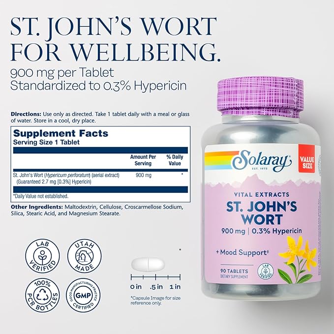 SOLARAY St. Johns Wort Aerial Extract One Daily 900mg | Standardized w/ 0.3% Hypericin for Mood Stability | Non-GMO | 90 Servings | 90 Tablets (Pack of 2)