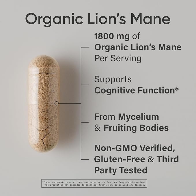 Sports Research® Organic Lion's Mane Mushroom Supplement 1800mg - Brain Health Focus &amp Cognitive Supports - USDA Certified Organic · Non-GMO · Vegan - 90 Count Capsules
