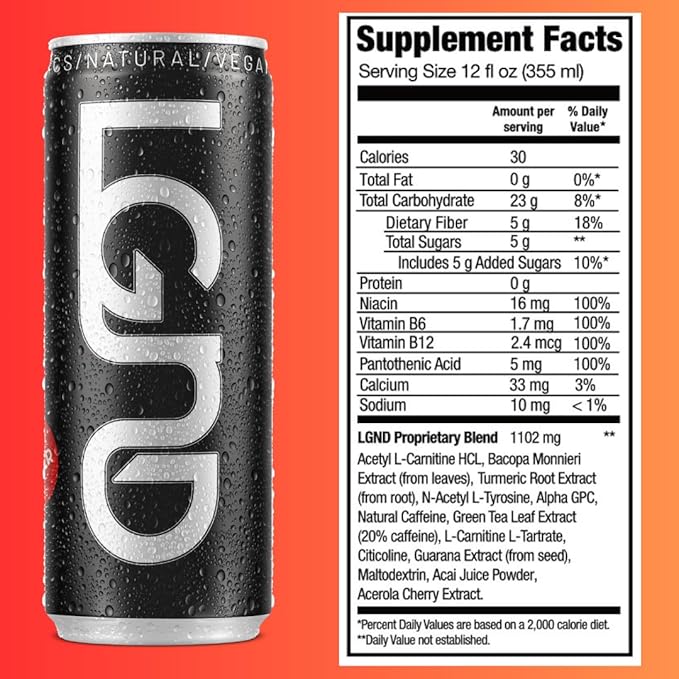 LGND Original Smart Energy Drink | Nootropic + Prebiotic Formula for Focus Endurance &amp Gut Health | Clean Energy Low-Calorie No Crash | Spicy Ginger Flavor | 12-Pack