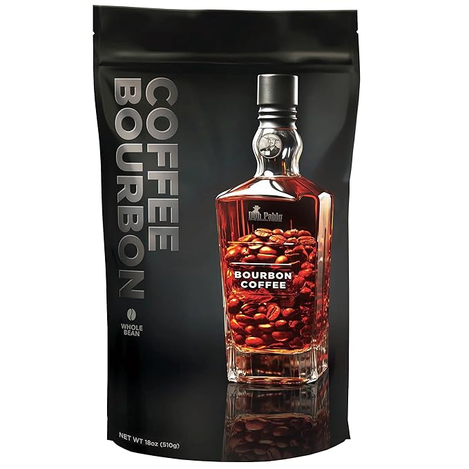 Don Pablo Bourbon Infused Coffee – Medium Roast 100% Arabica Whole Bean Real Bourbon Infused Low Acidity Non-GMO Small-Batch Roasted Specialty Gourmet Coffee 18 oz Bag (510 g)