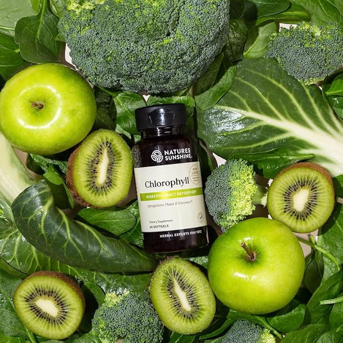 Nature's Sunshine Chlorophyll 60 Softgel Capsules: Support Digestion Immunity &amp Detoxification with Internal Deodorant Benefits. Easy-to-Swallow Capsules Promote Overall Well-Being &amp Energy