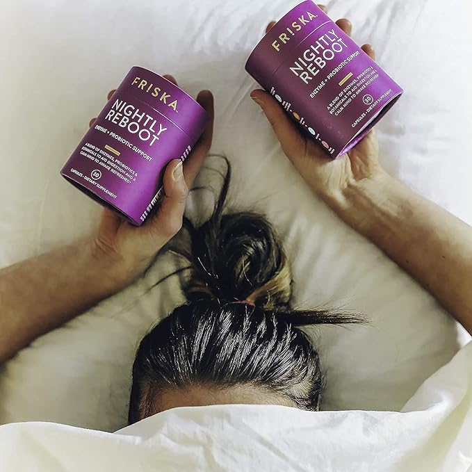 Friska Nightly Reboot - Nighttime Digestive Enzymes Probiotic for Gut Balance &amp Bloating Support with Melatonin &amp Chamomile to Promote Relaxation &amp Sleep 90 Capsules