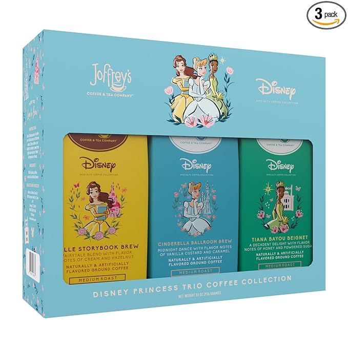 Joffrey's Coffee - Disney Princess Trio Coffee Collection Disney Specialty Flavored Arabica Ground Artisan Medium Roast Brew or French Press (Ground 11oz 3-pack)