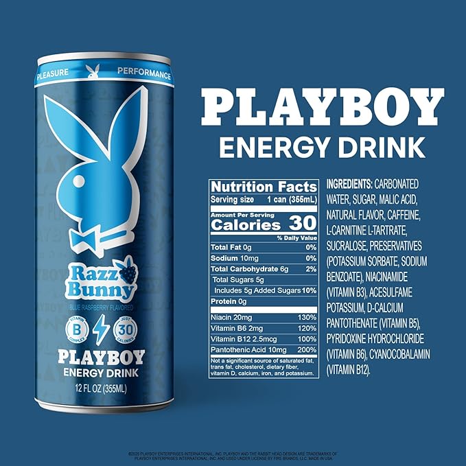 PLAYBOY Energy Drink – Razz Bunny (Blue Raspberry) – 12 Pack of 12oz Cans | Performance + Pleasure Energy | NextGen Lifestyle Drink