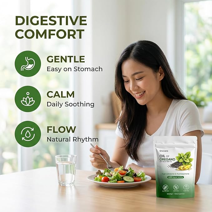 Snovera Oil of Oregano 2 in 1 Organic Oil of Oregano with Black Seed Oil for Immune Digestive Support Gut Comfort 6000mg Per Serving Plant Based Non-GMO 300 Softgels